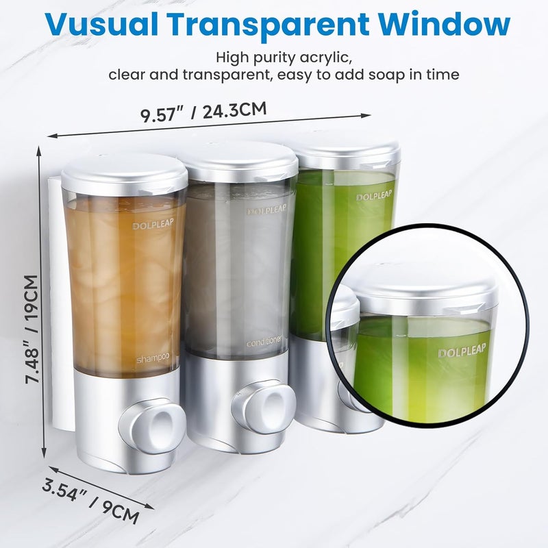 DOLPLEAP Shampoo Conditioner Body Wash Dispenser No Drill Shower Soap Dispenser Wall Mounted Shampoo Dispenser 3 Chamber with Upgrade Pump Head Bathroom Soap Dispenser 450ml/Each Sliver - Image 3